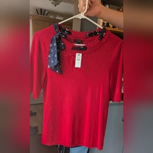 Talbots Red Fitted 3/4 Sleeve Top With Anchor Ribbon Size Small NWT